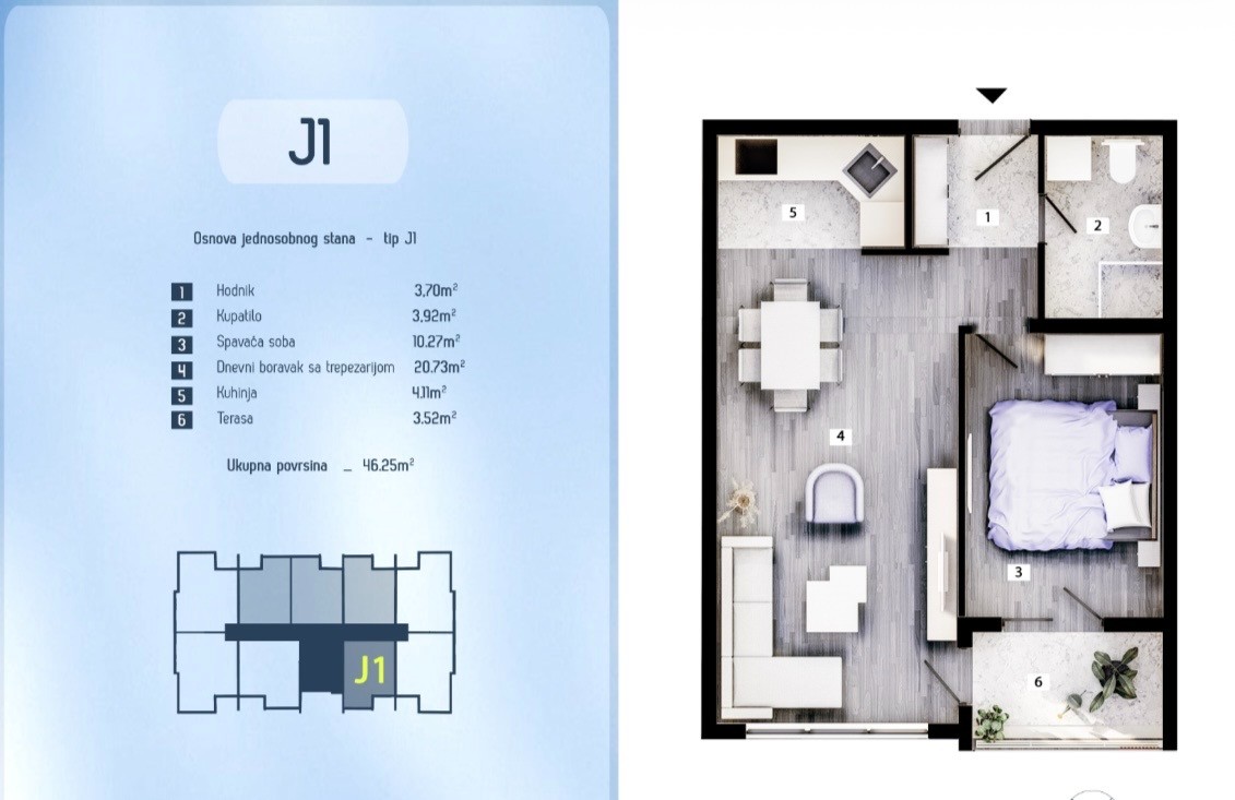 A one-room apartment for sale in a new building in Zabjelo, Podgorica