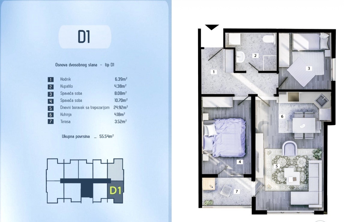 Prodaje se dvosoban stan u novogradnji na Zabjelo, Podgorica